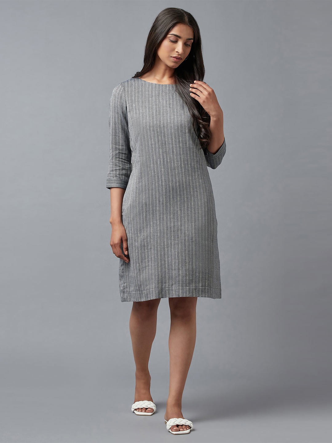 

W Grey Striped Pure Cotton Sheath Dress