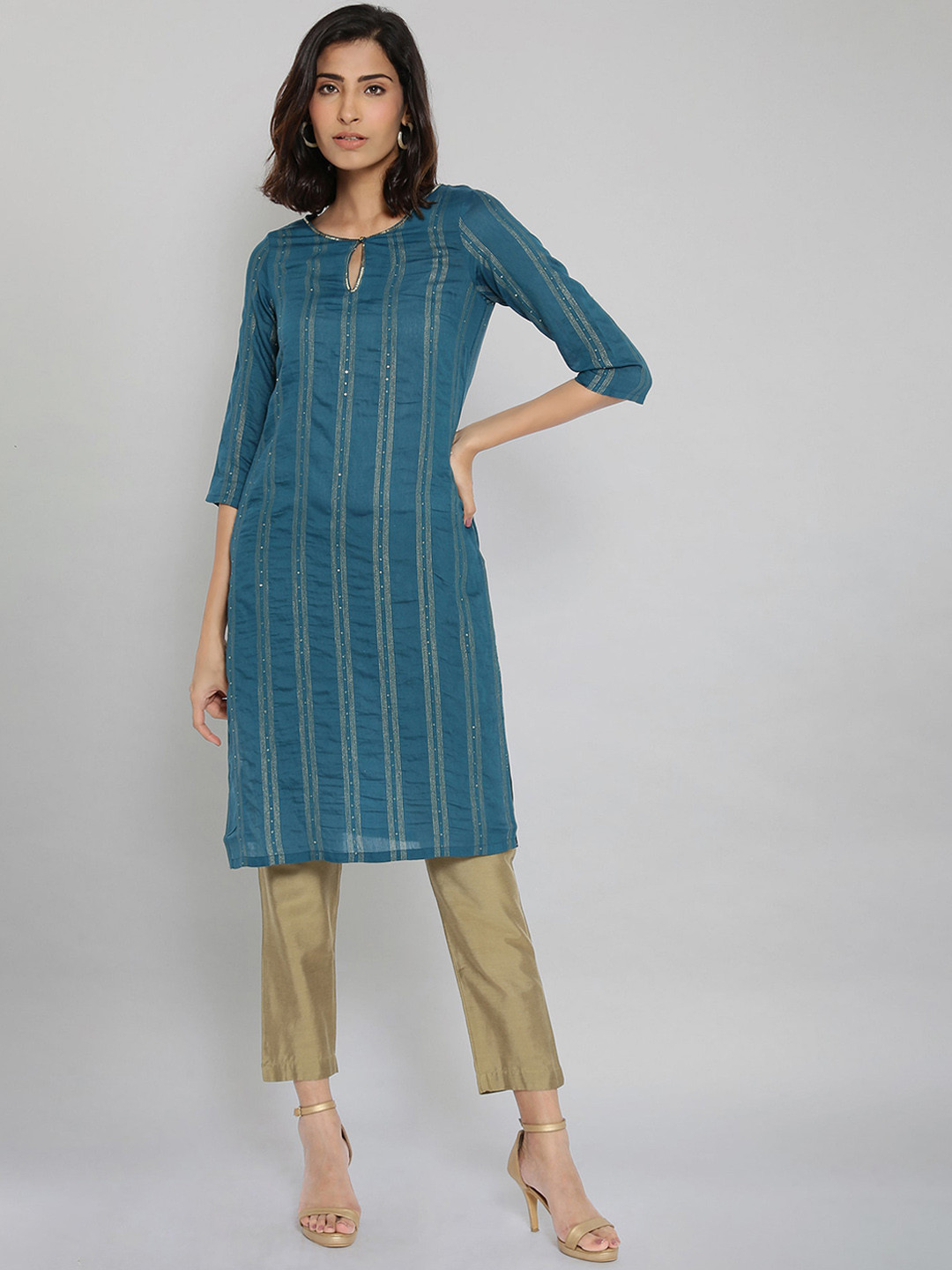 

W Women Blue Striped Keyhole Neck Gotta Patti Kurta