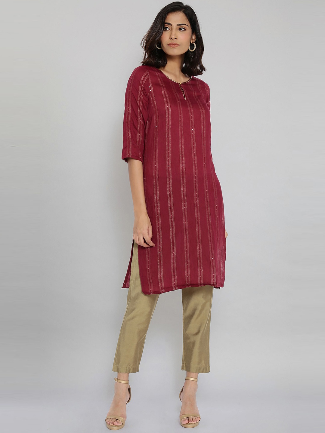 

W Women Red Striped Keyhole Neck Thread Work Kurta