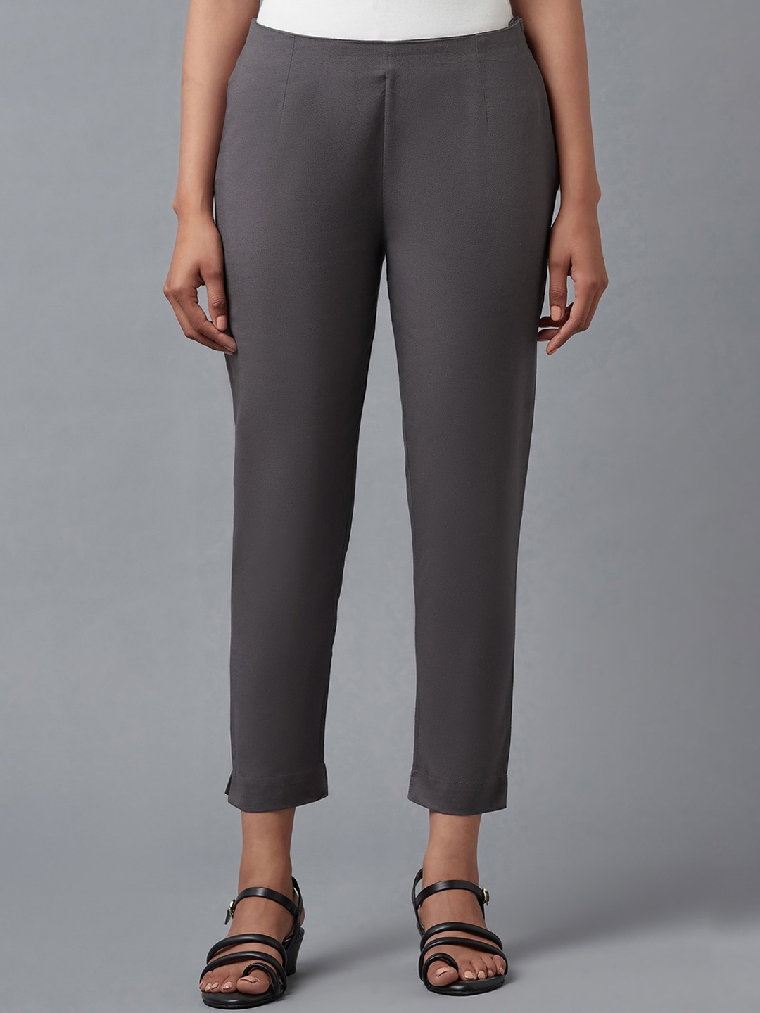 

W Women Grey Slim Fit Mid-Rise Trousers