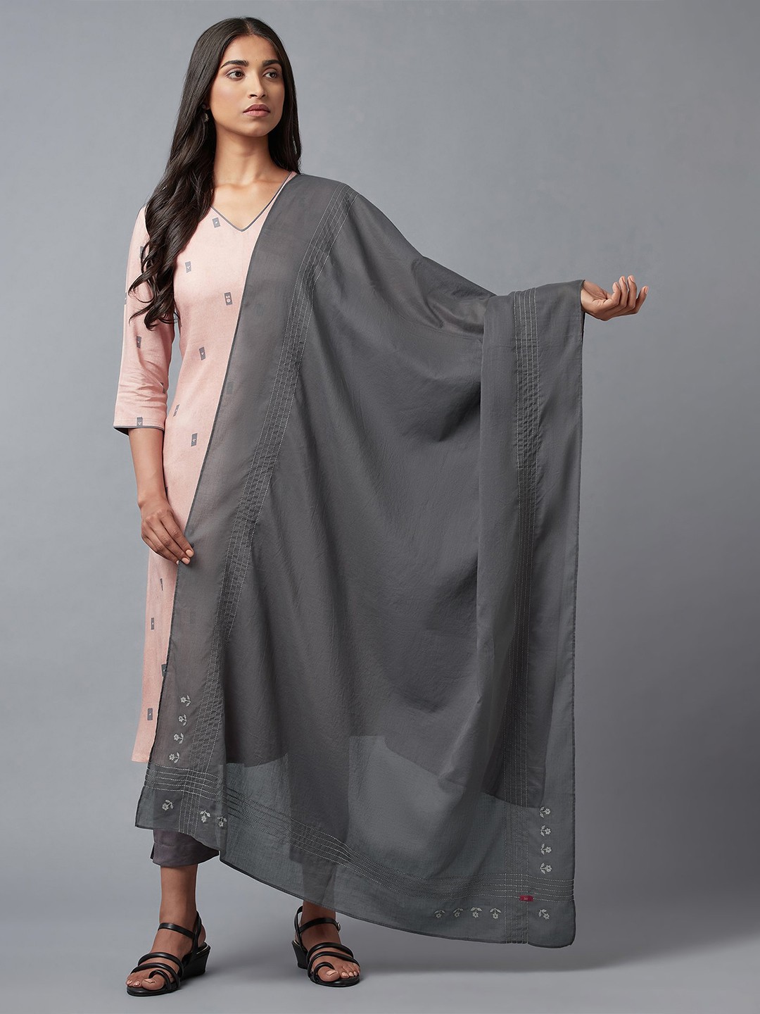 

W Grey & White Pure Cotton Dupatta with Thread Work