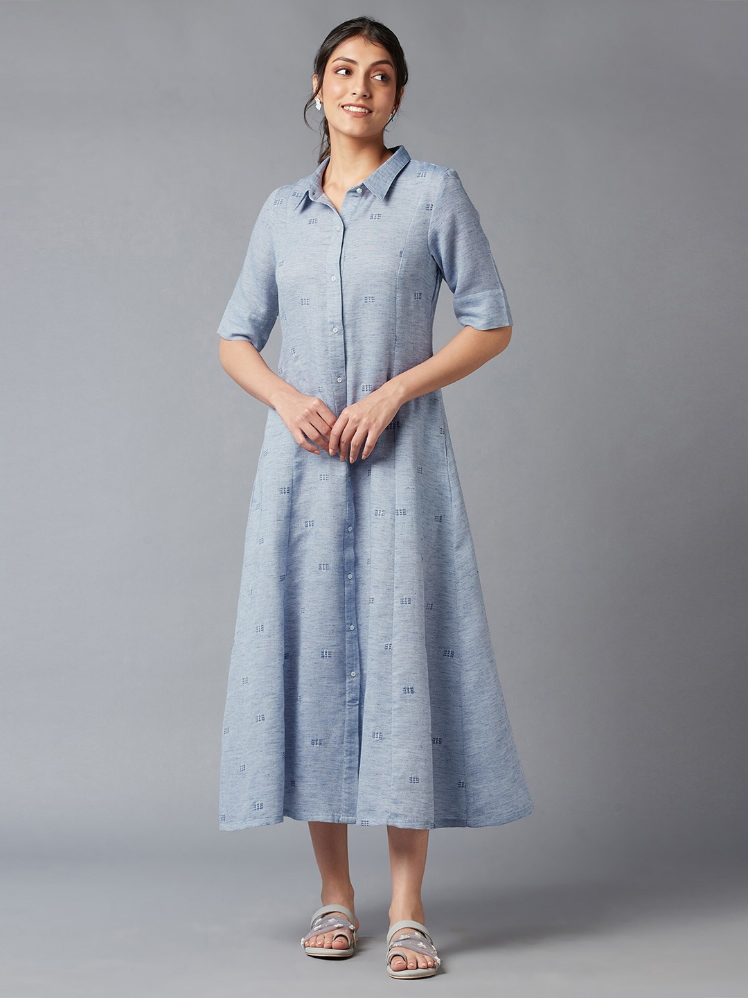 

W Women Blue Shirt Collar Midi Dress