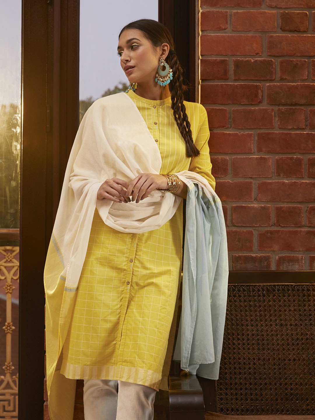 

W Women Yellow Checked Pure Cotton Kurta set