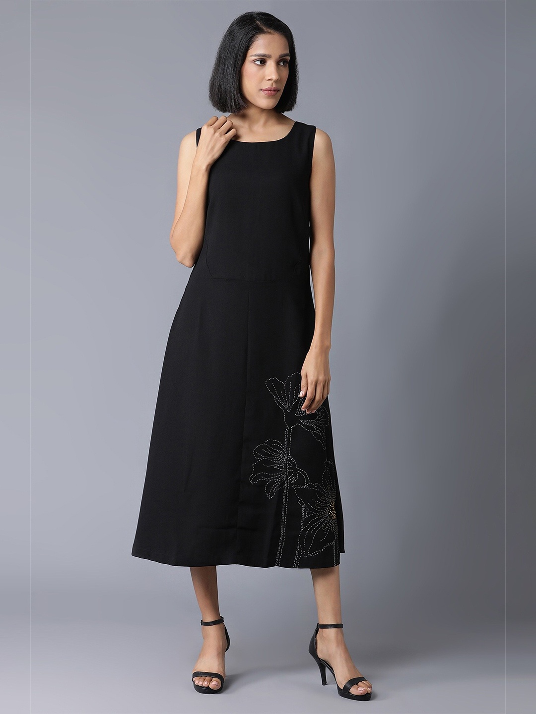 

W Women Black Embroidered A-Line Midi Dress