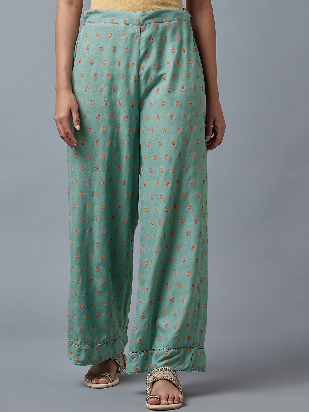 

W Women Green Ethnic Motifs Printed Trousers