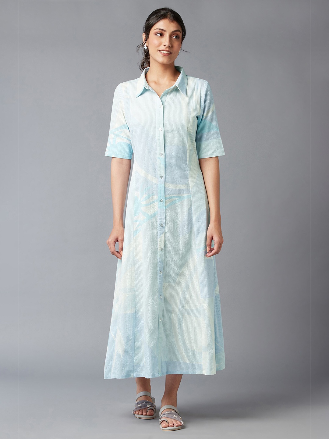 

W Women Blue & White Dyed Shirt Midi Dress