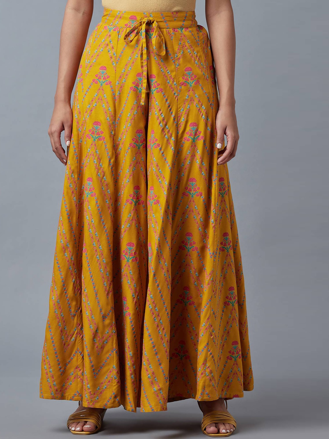 

W Women Yellow Floral Printed Pleated Trousers