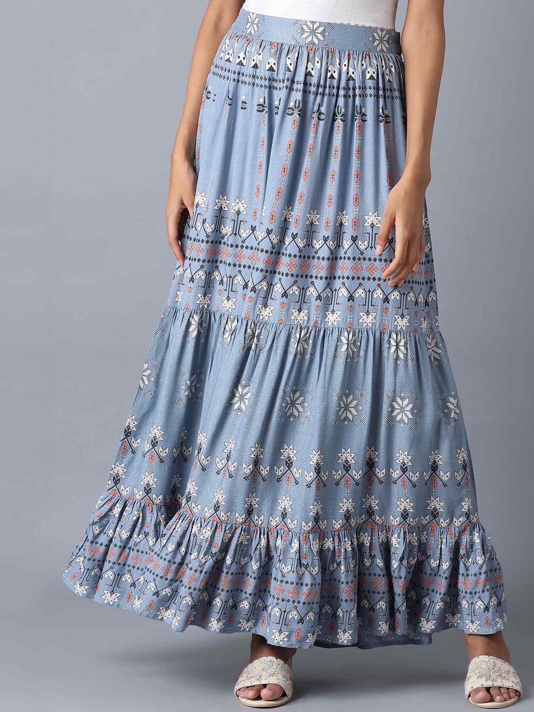 

W Women Blue Printed Flared Skirt