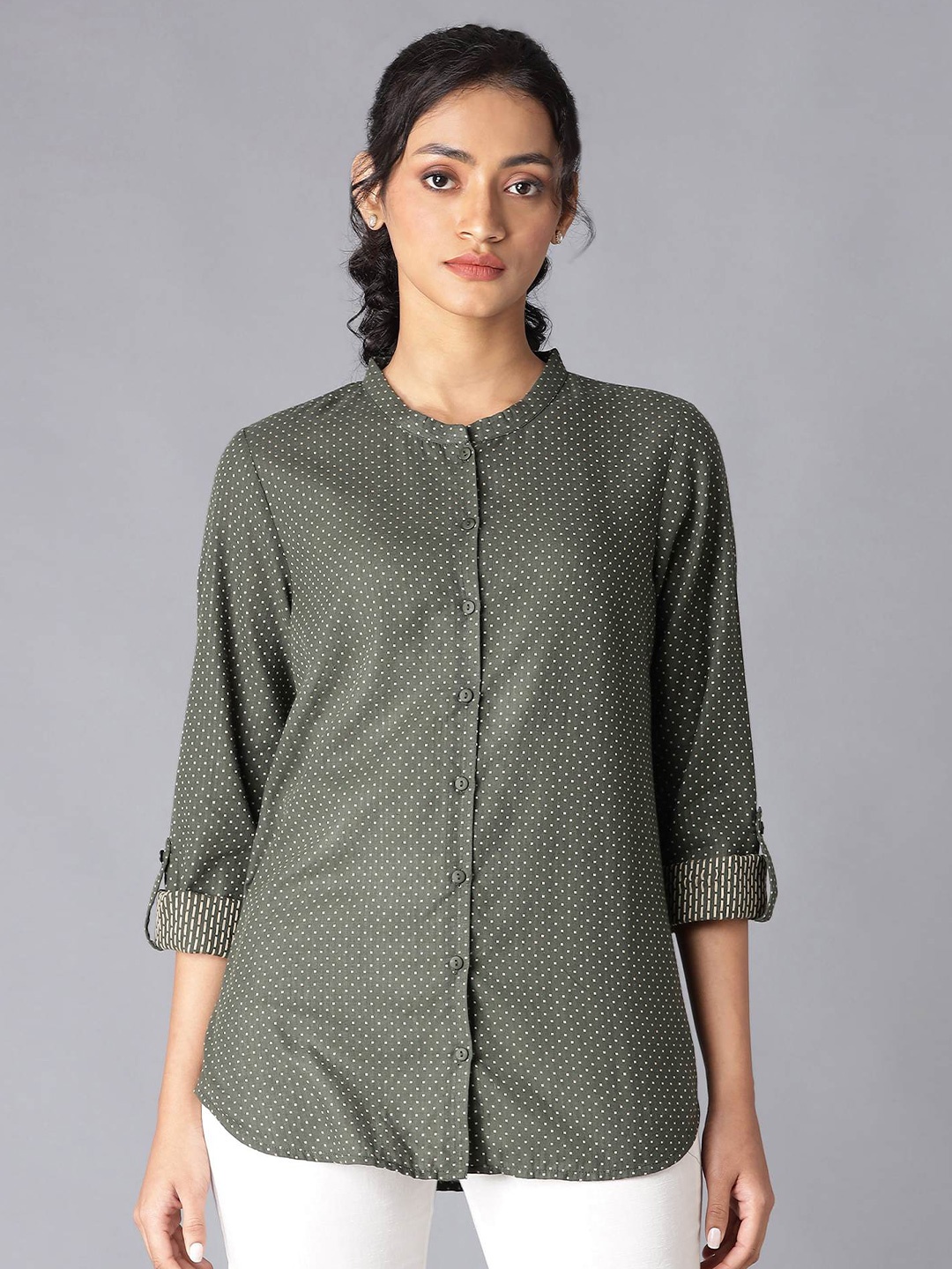 

W Printed Cotton Casual Shirt, Green