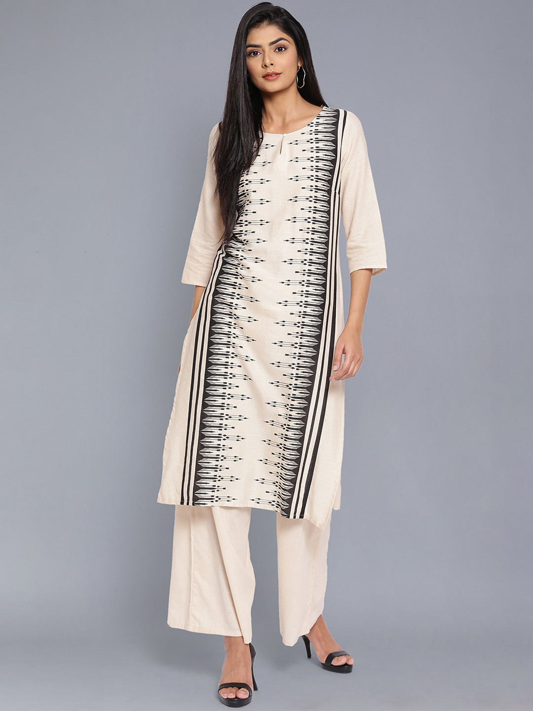 

W Women Beige Ethnic Motifs Printed Cotton Blend Kurta Set