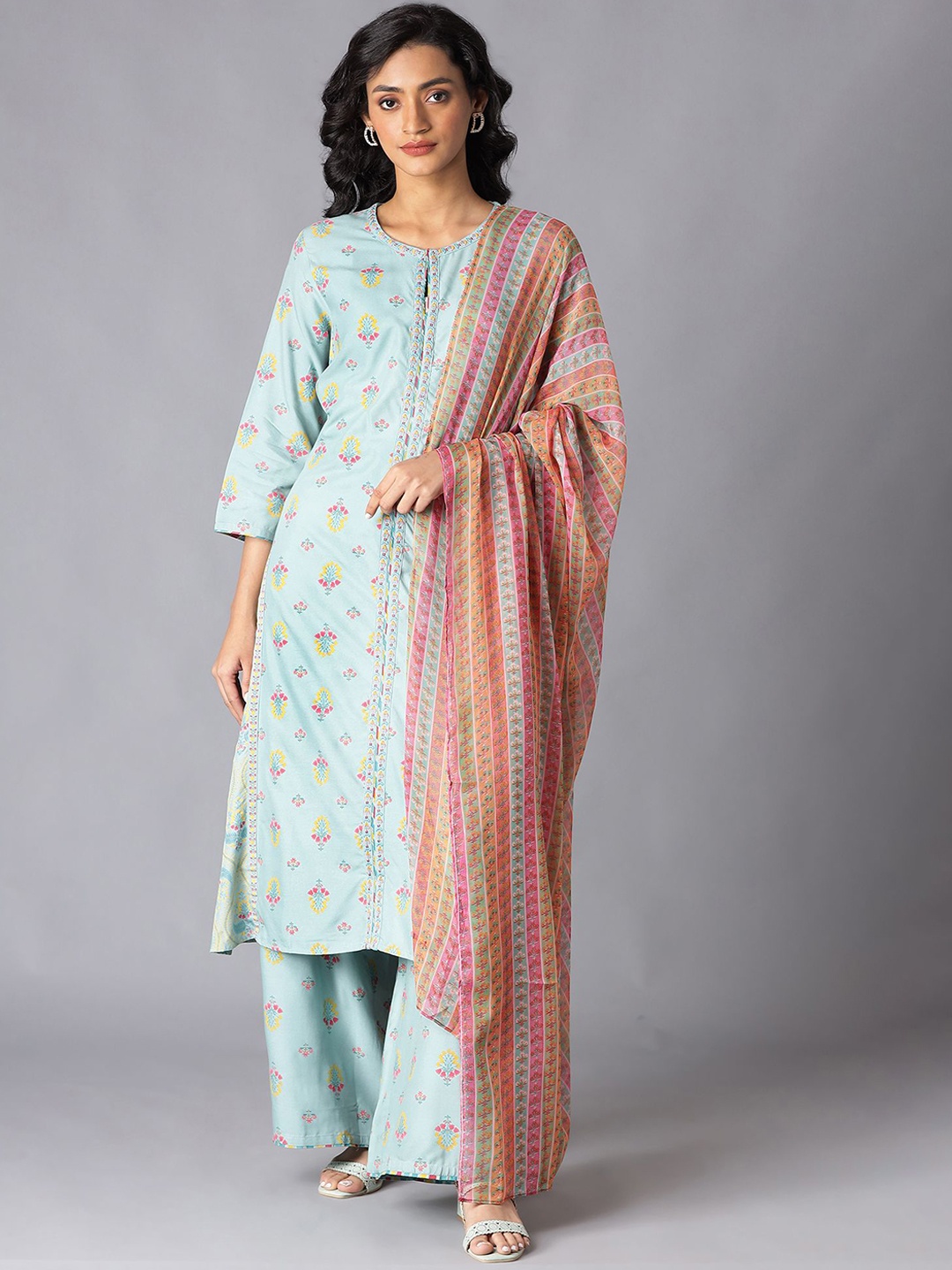 

W Women Blue Ethnic Motifs Printed Kurta with Palazzos & With Dupatta