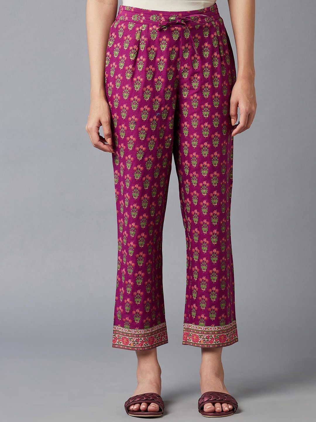 

W Women Floral Printed Cotton Trousers, Purple