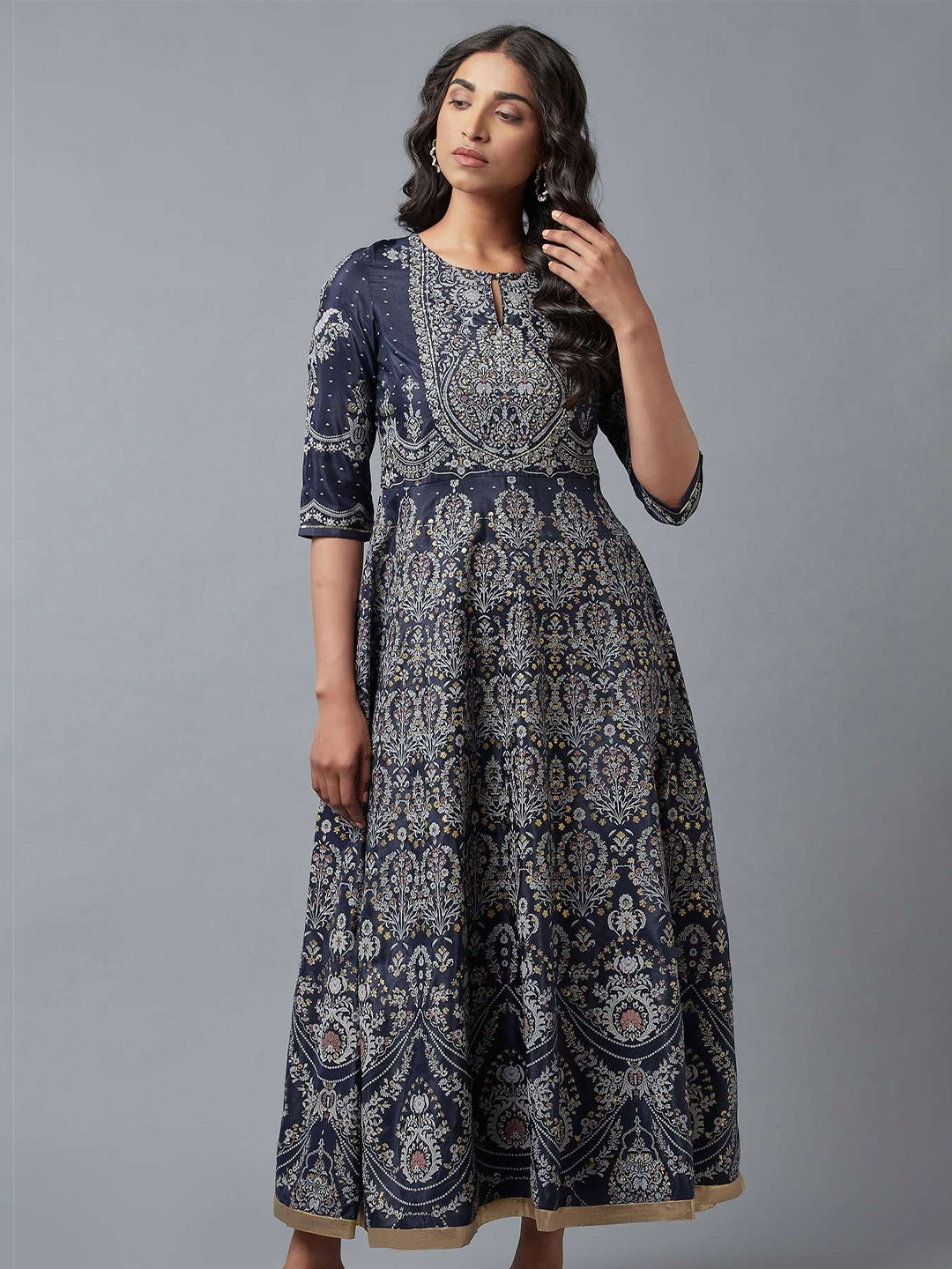 

W Women Blue & White Ethnic Motifs Ethnic Maxi Dress