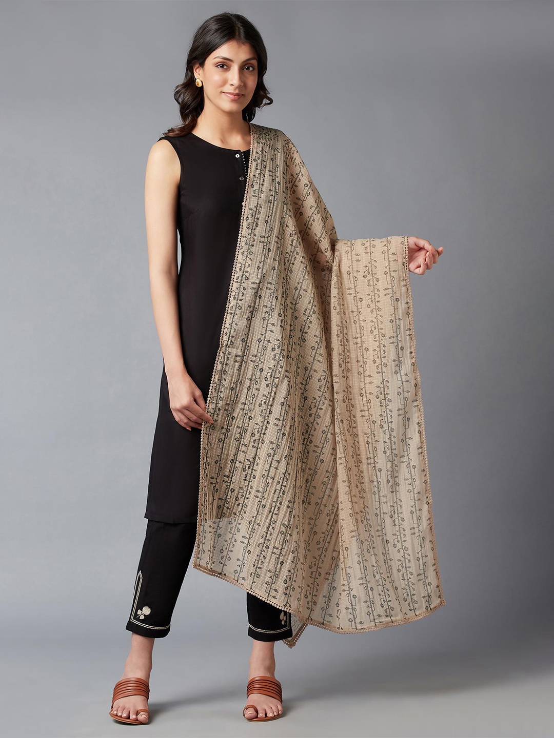 

W Beige & Grey Printed Pure Cotton Dupatta