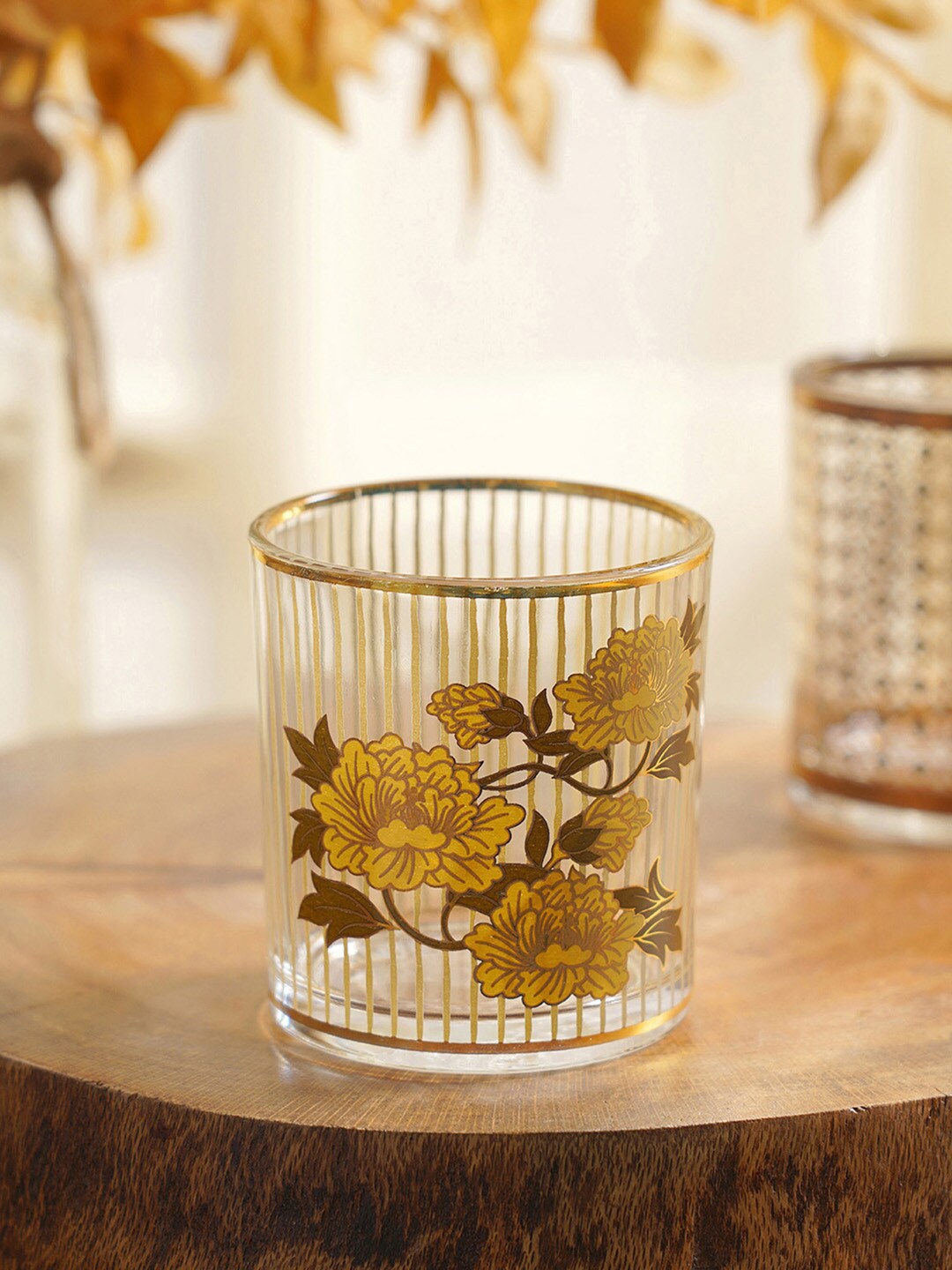 

Pure Home and Living Set of 4 Gold-Colored Floral Printed Glass Tumbler