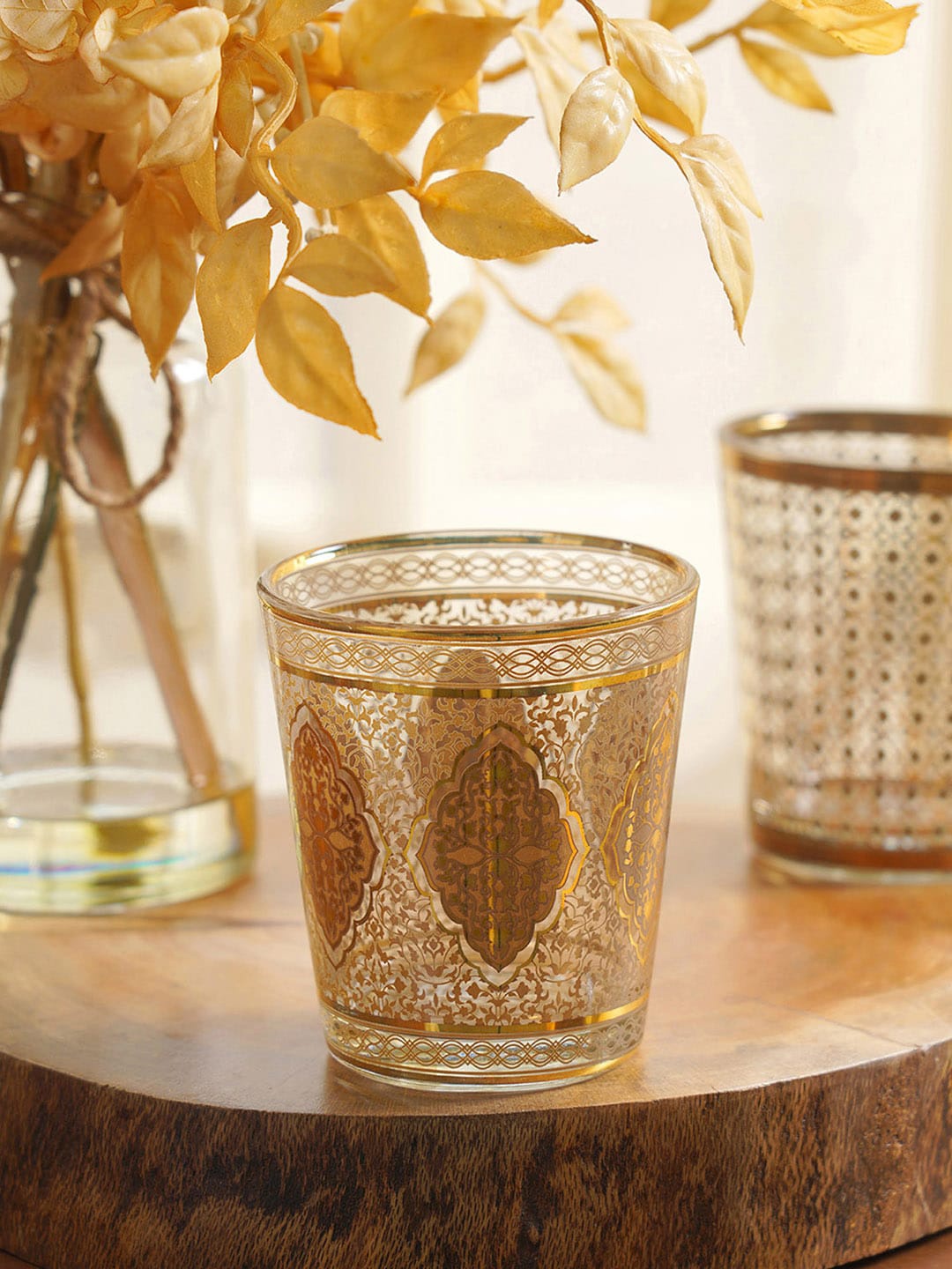 

Pure Home and Living Set of 4 Gold Colored & Grey Floral Printed Glass Tumbler