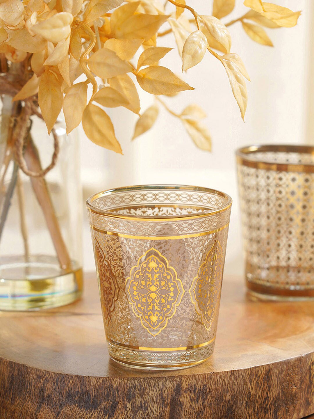 

Pure Home and Living Set of 4 Gold Colored & Grey Floral Printed Glass Tumbler