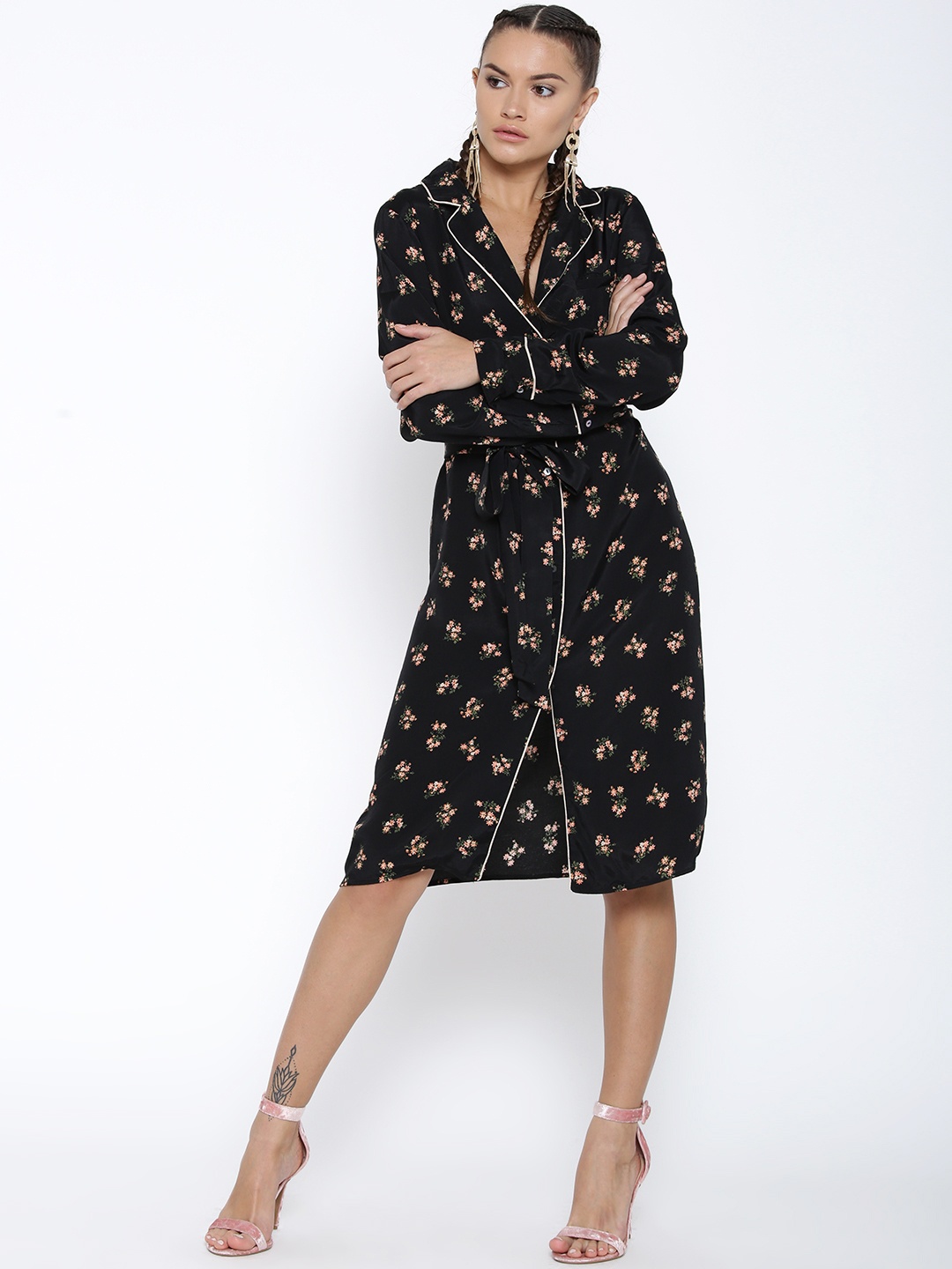 

FOREVER 21 Women Black Floral Print Shirt Dress