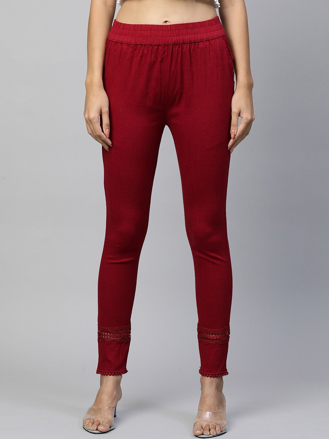 

FASHOR Women Maroon Printed Comfort Skinny Fit Chinos Trousers