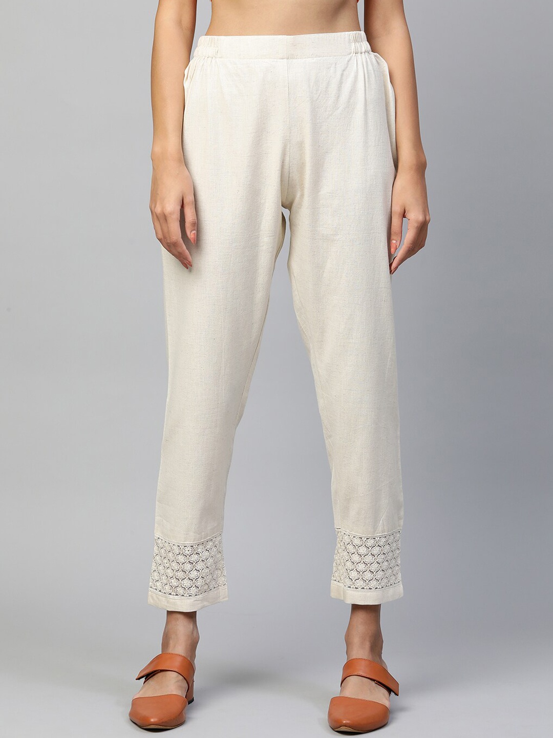 

FASHOR Women Off White Comfort Straight Fit Trousers