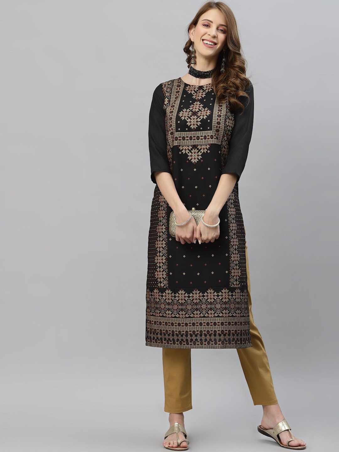 

SANISA Women Black Ethnic Motifs Foil Printed Kurta