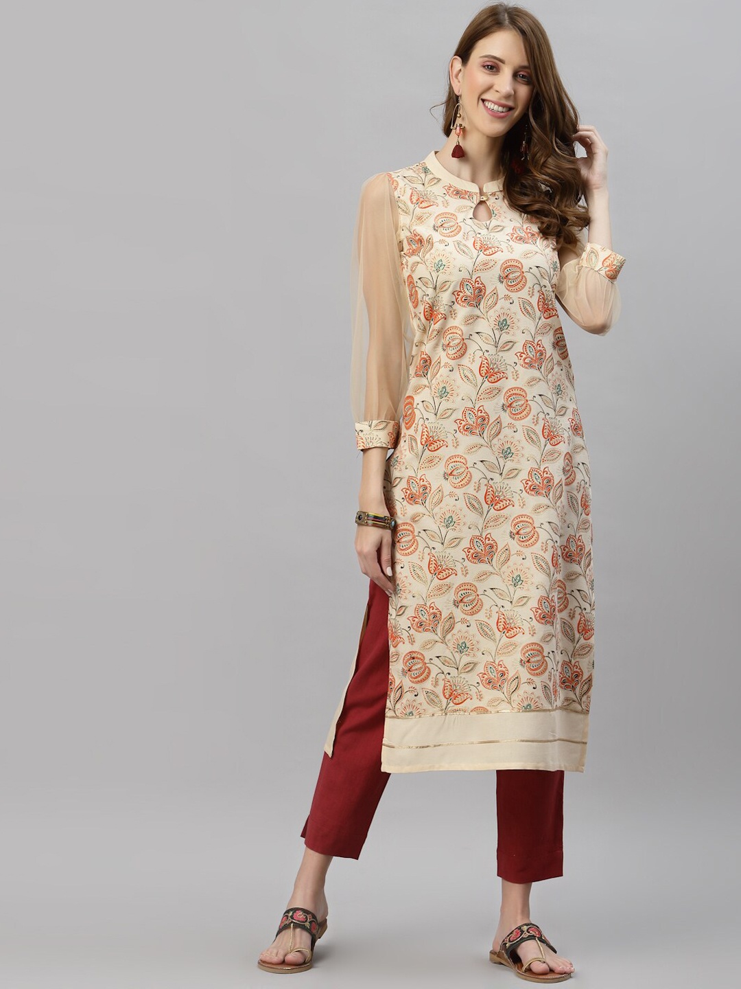 

SANISA Women Cream-Coloured Floral Printed Kurta