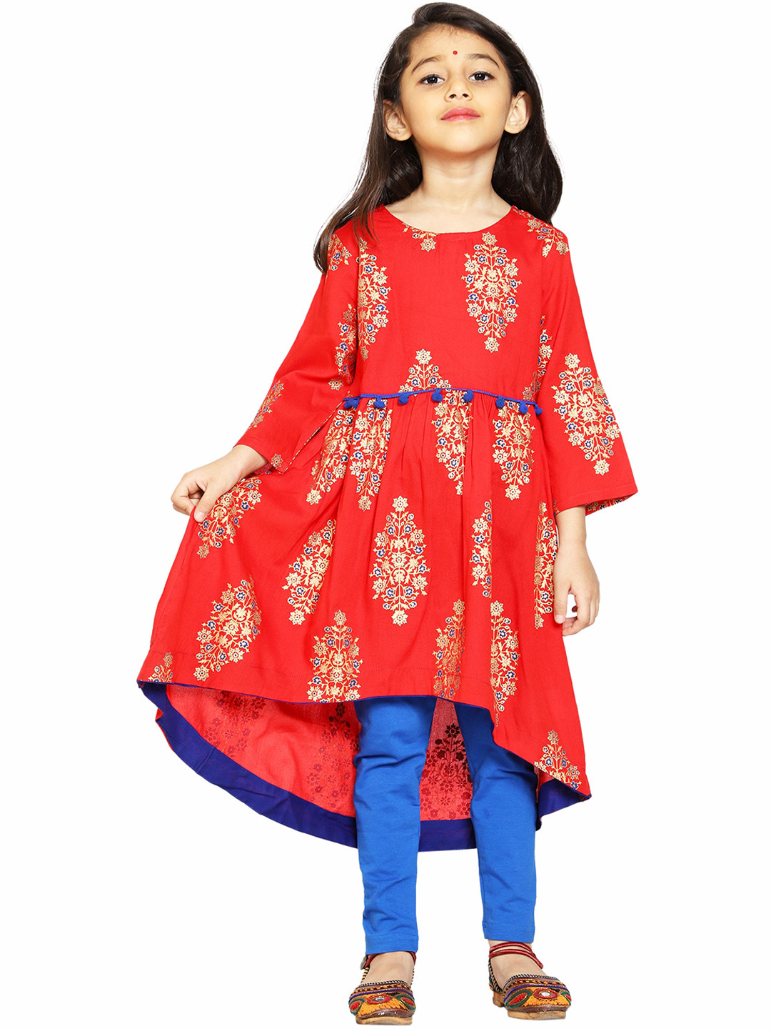 

KiddoPanti Girls Red & Blue Ethnic Motifs Printed Kurta with Churidar