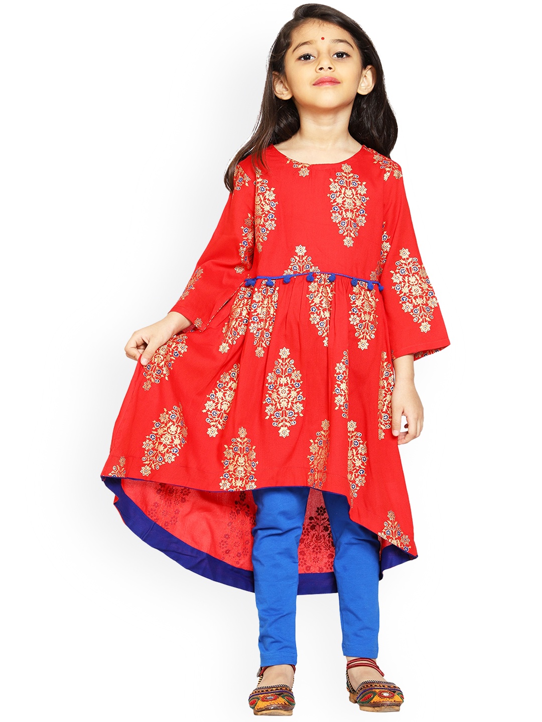 

KiddoPanti Girls Red & Blue Ethnic Motifs Printed High Low Hemline Kurta