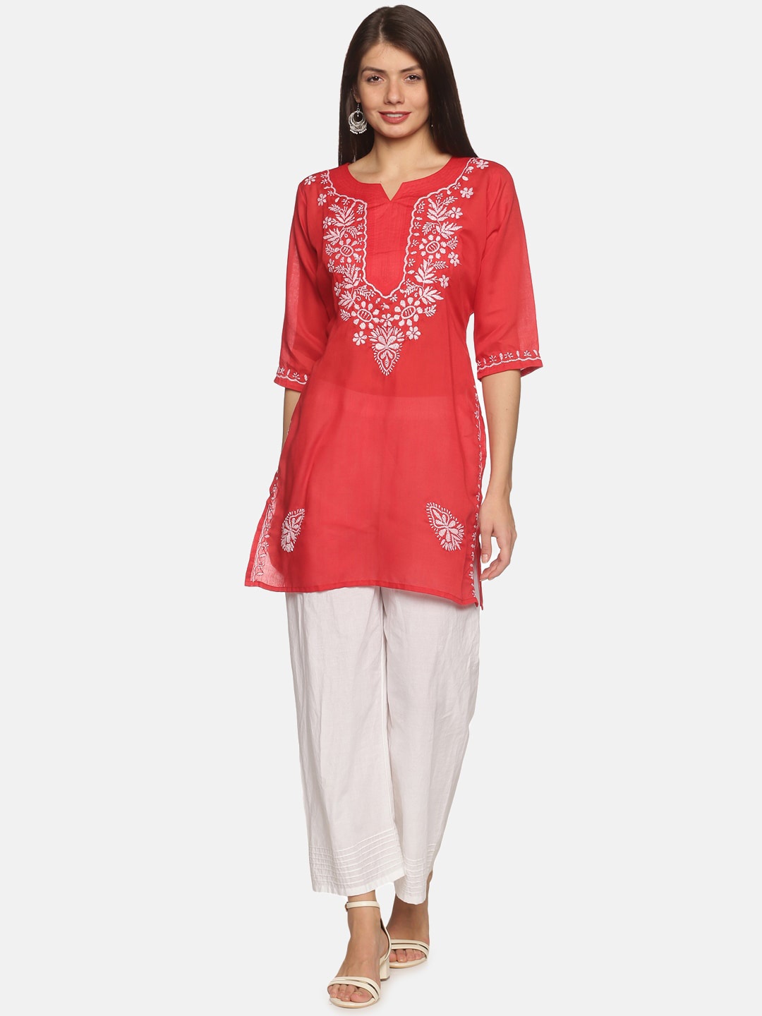 

DIVINATION Women Red Floral Yoke Design Thread Work Kurta