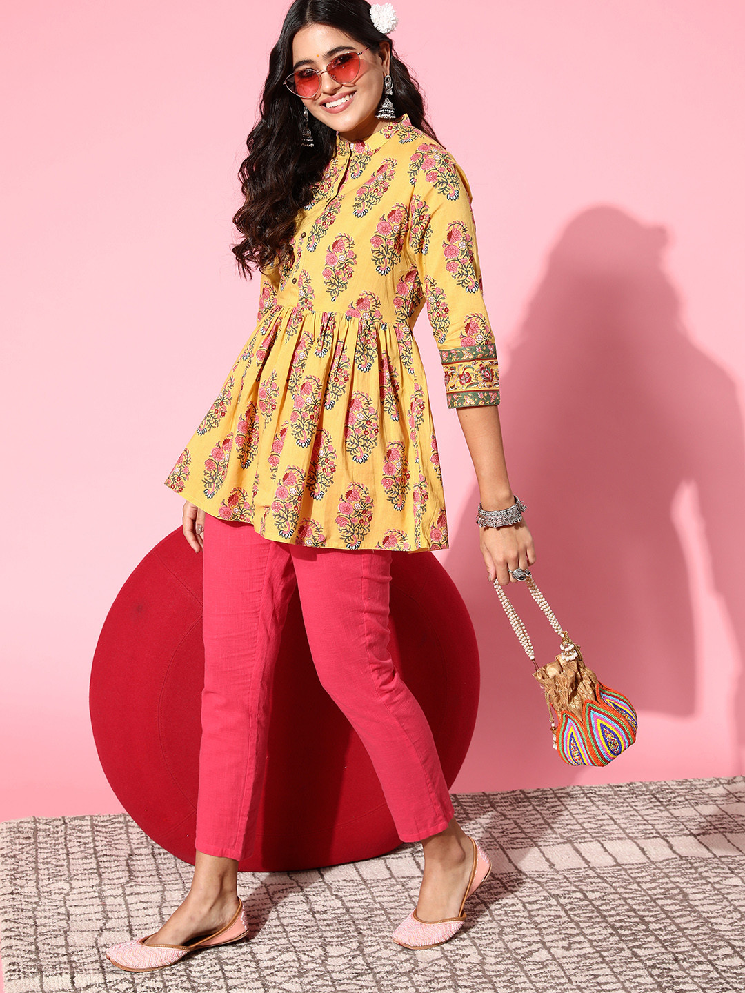 

ZOLA Women Bright Yellow Cotton Print Parade Lightweight Tunic