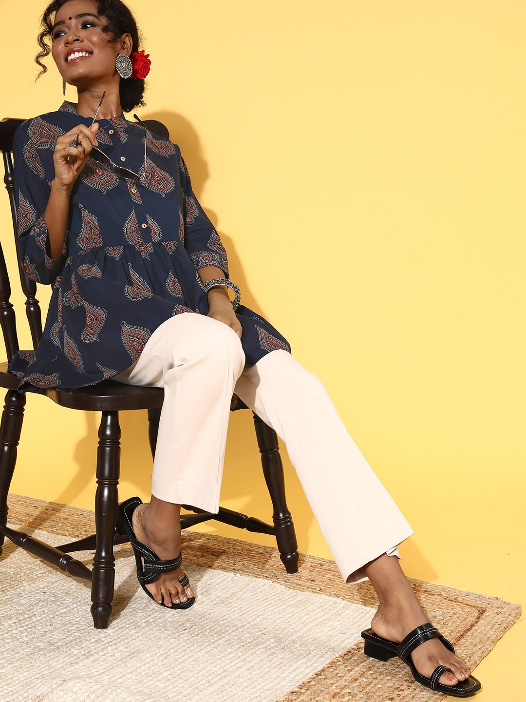 

ZOLA Women Deep Navy Blue Cotton Print Parade Tunic