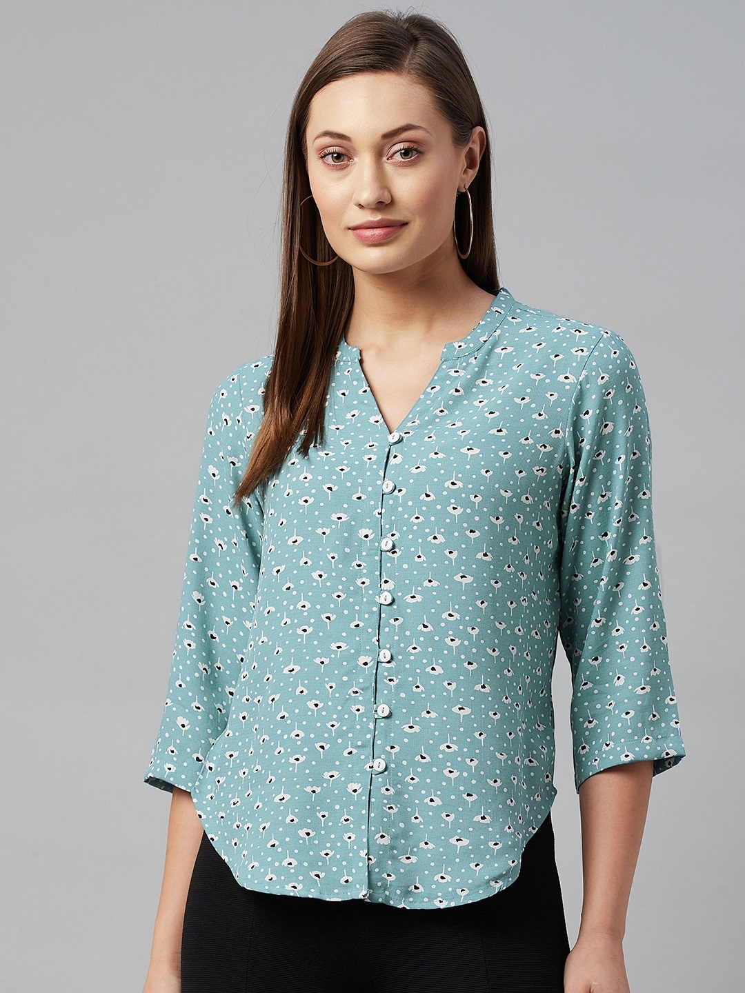 

Ayaany Teal Blue Print Mandarin Collar Cotton Shirt Style Top