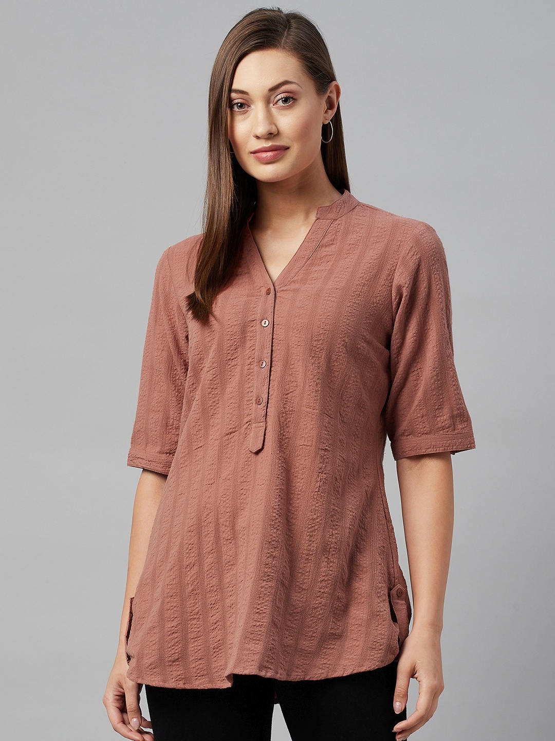 

Ayaany Brown Striped Mandarin Collar Monochrome Shirt Style Longline Top