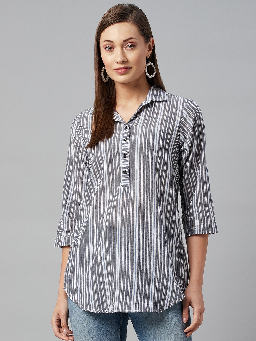 

Ayaany Cream-Coloured & Navy Blue Striped Shirt Style Longline Top