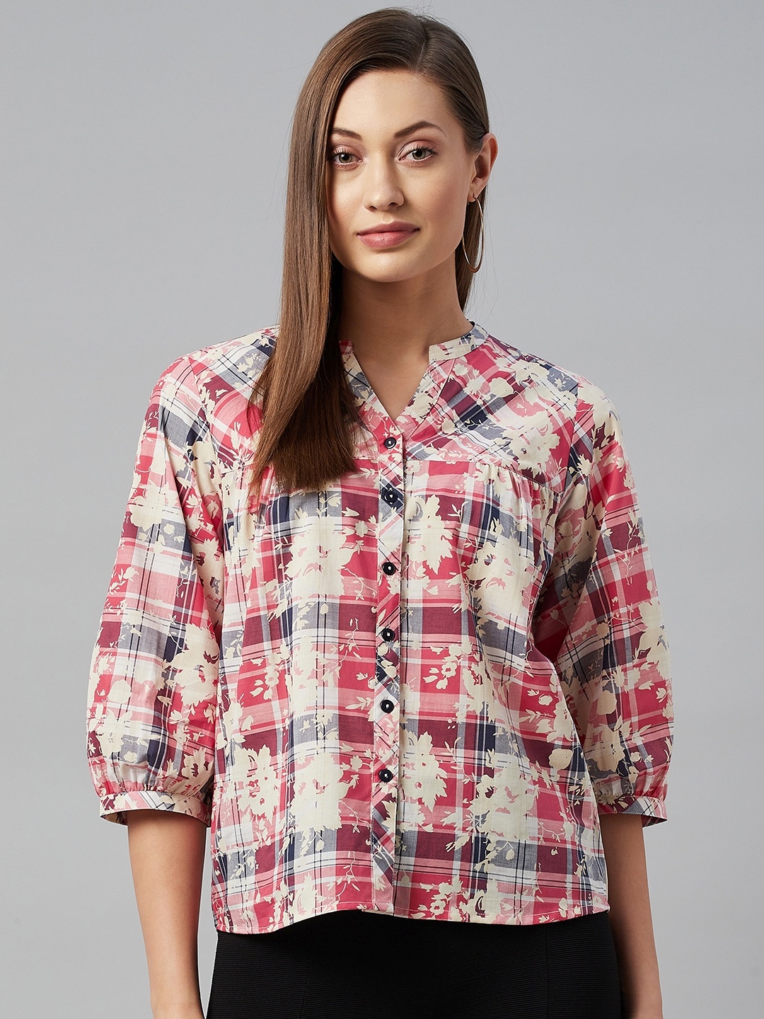 

Ayaany Cream-Coloured & Pink Floral Print Mandarin Collar Shirt Style Top
