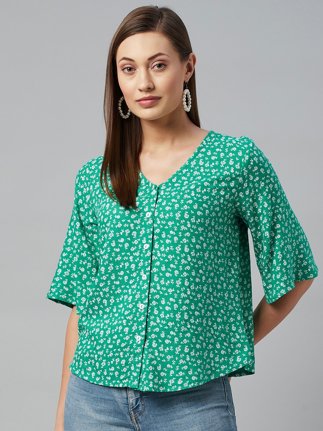 

Ayaany Green Ditsy Floral Print Cotton Top