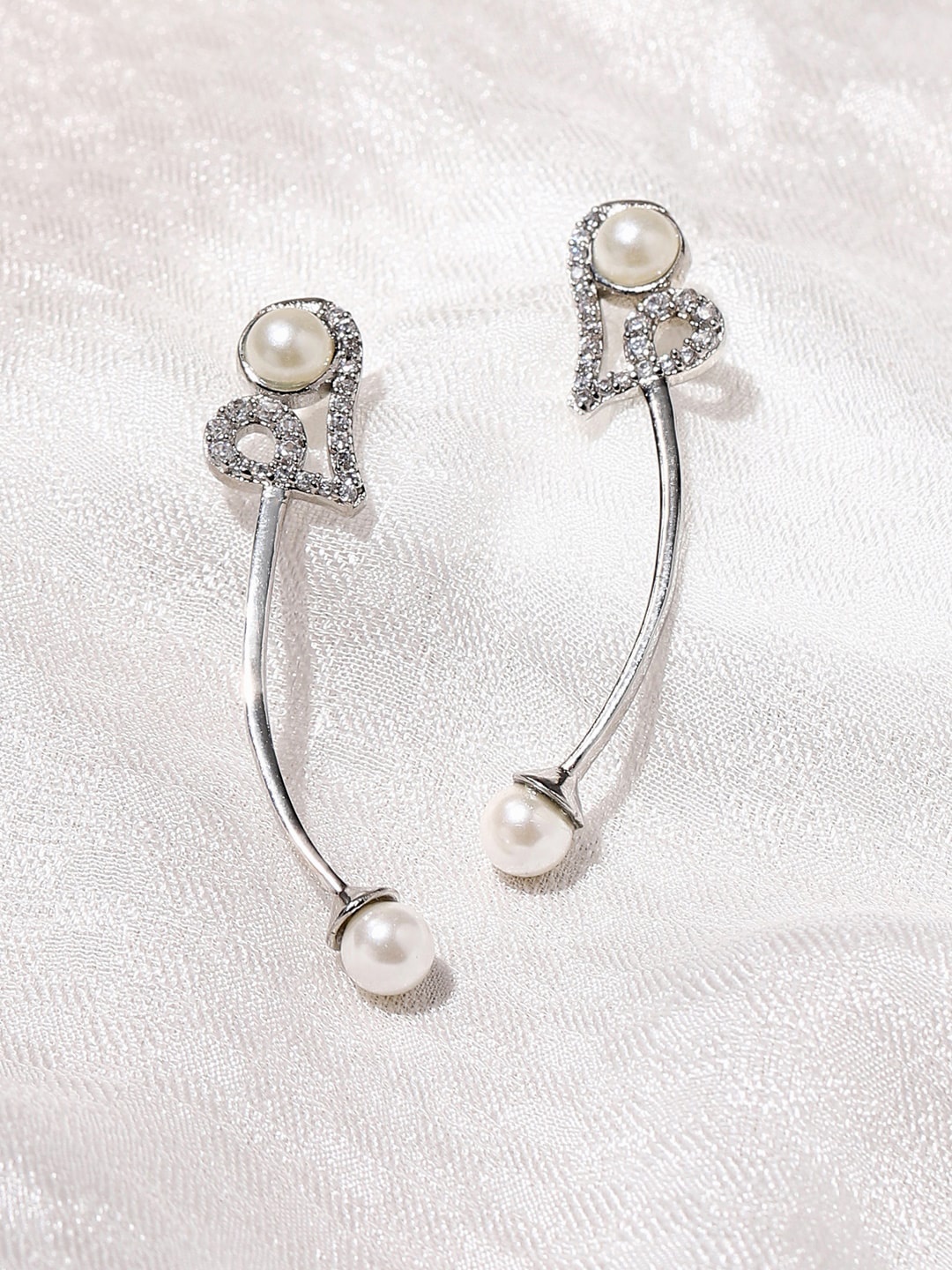 

Voylla Women Silver-Toned American Diamond CZ Pearl Drop Earrings