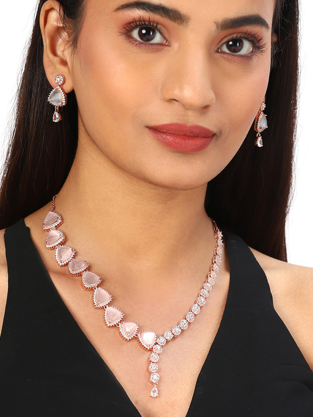

Voylla Rose Gold-Plated AD CZ Enamelled Pearl Necklace Set with White Stone