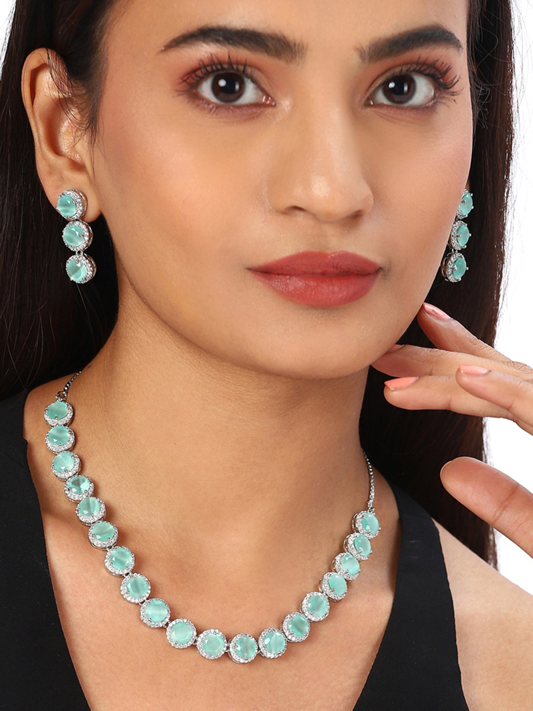 

Voylla Green American Diamond CZ Silver Plated Brass Necklace Set