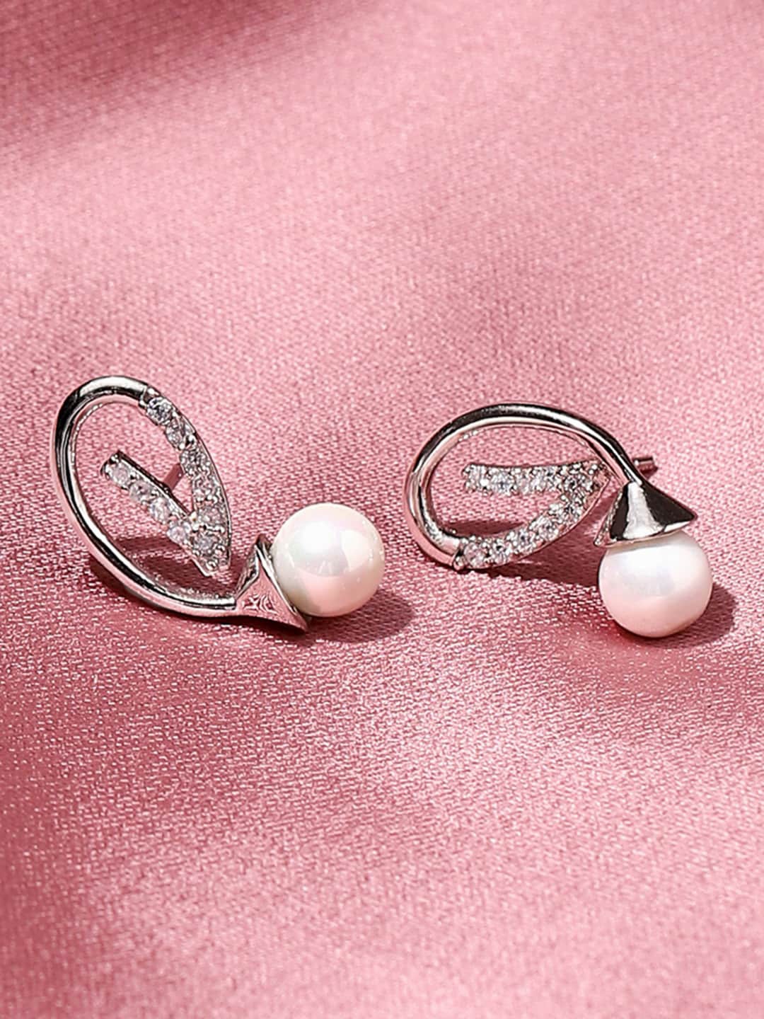 

Voylla Women Silver American Diamond CZ Trendy Pearl Brass Drop Earrings