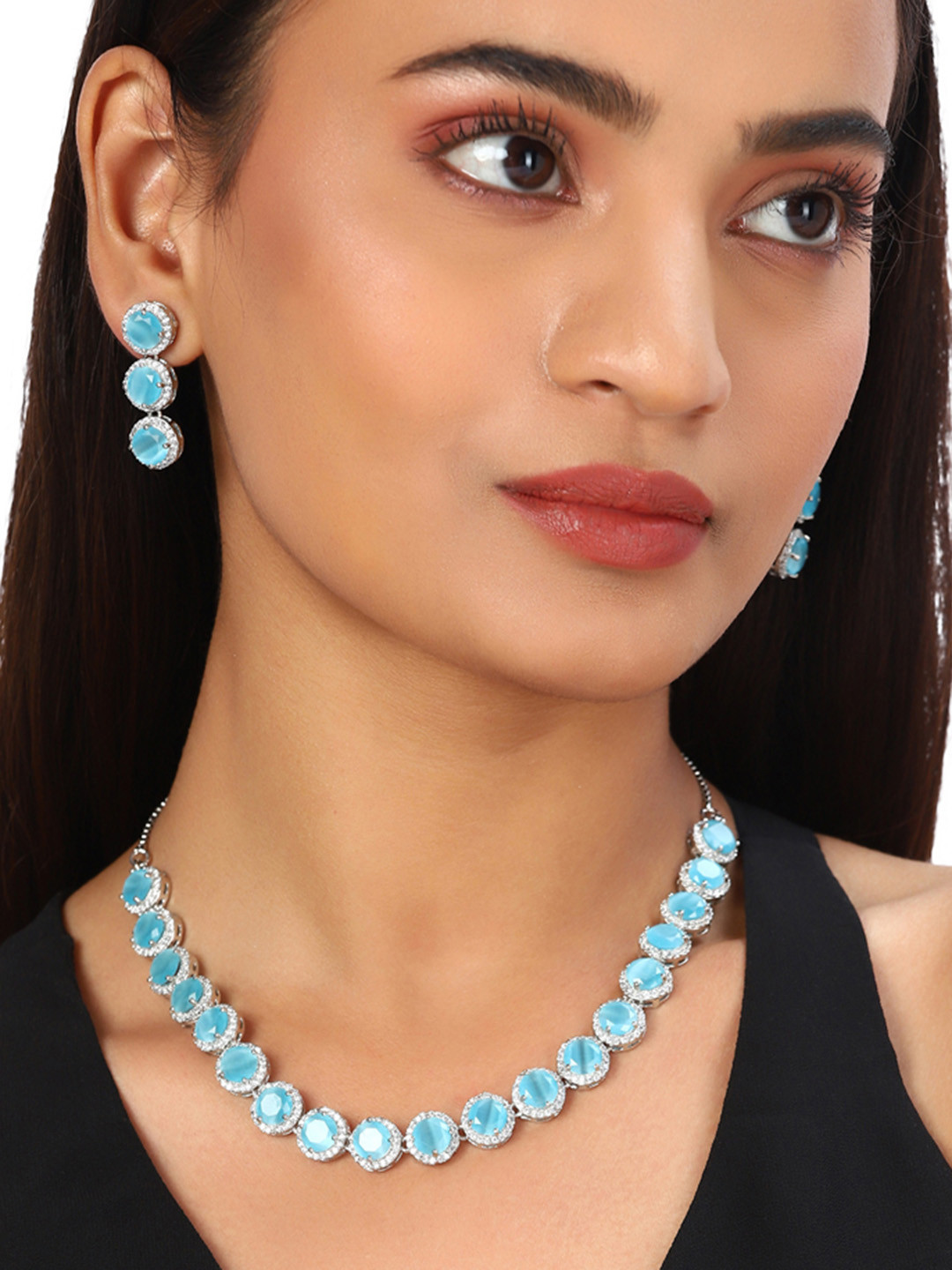 

Voylla Blue Rhodium-Plated American Diamond CZ Pearl Brass Jewellery Set