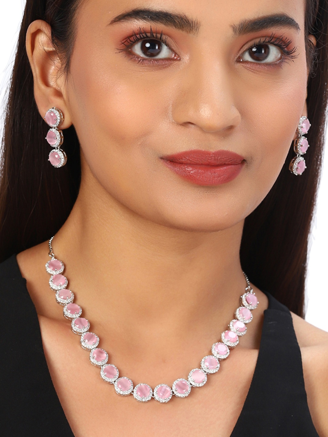 

Voylla White American Diamond CZ Silver-Plated Necklace Set with Pink Stone