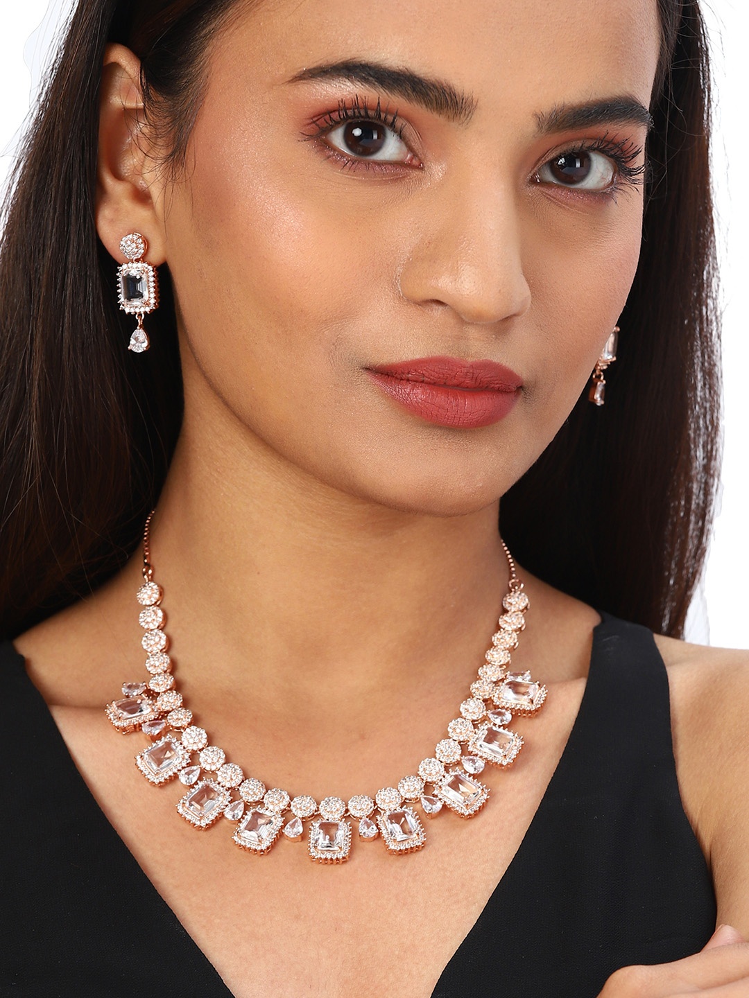 

Voylla Silver Rose-Gold Plated AD CZ Enamelled Necklace with White Stone
