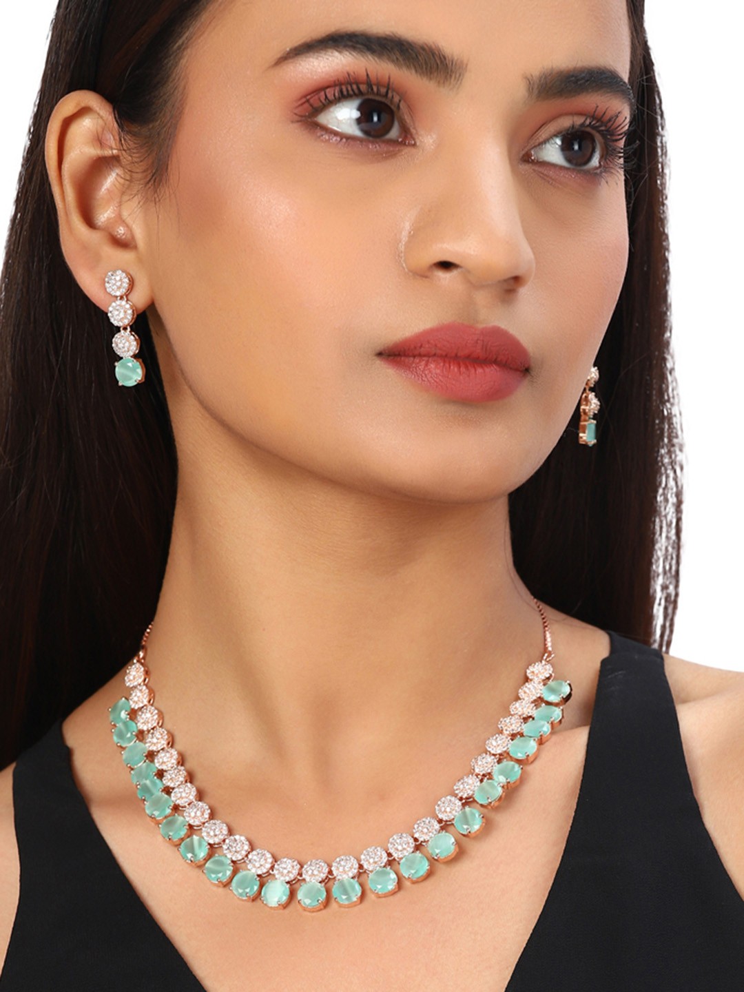 

Voylla Rose Gold-Plated & Green American Diamond CZ Brass Necklace Set