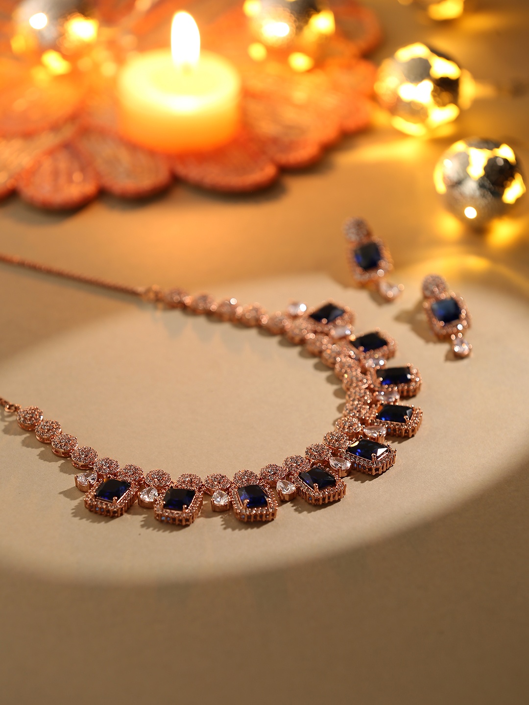 

Voylla Rose Gold-Plated American Diamond CZ Rose Necklace Set