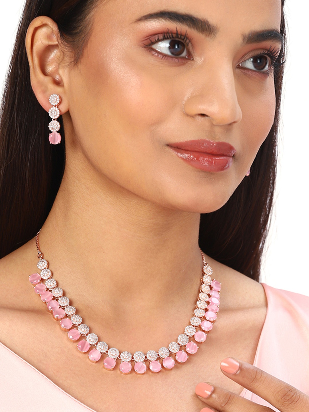 

Voylla Rose Gold Plated American Diamond CZ Necklace Set with Pink Stone