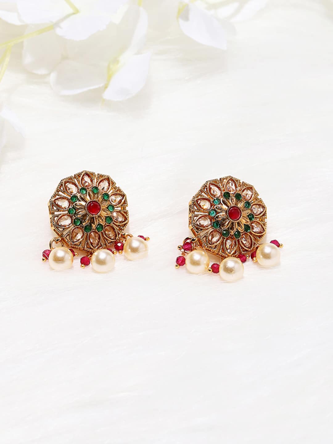 

Voylla Gold-Plated & Red Pearl Studs Earrings