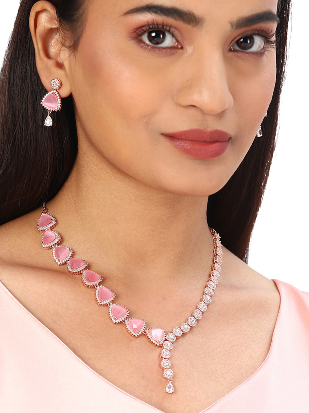 

Voylla White Rose Gold-Plated AD CZ Enamelled Necklace Set with Pink Stone