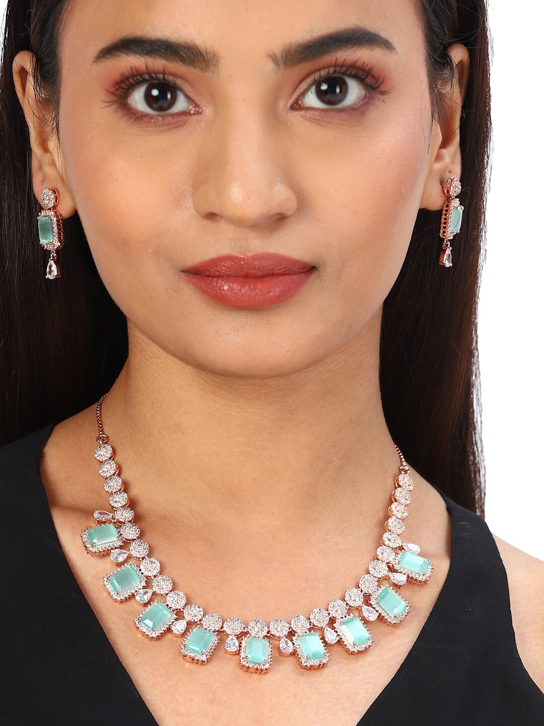 

Voylla Sea Green & Rose Gold-Plated American Diamond CZ Necklace Set