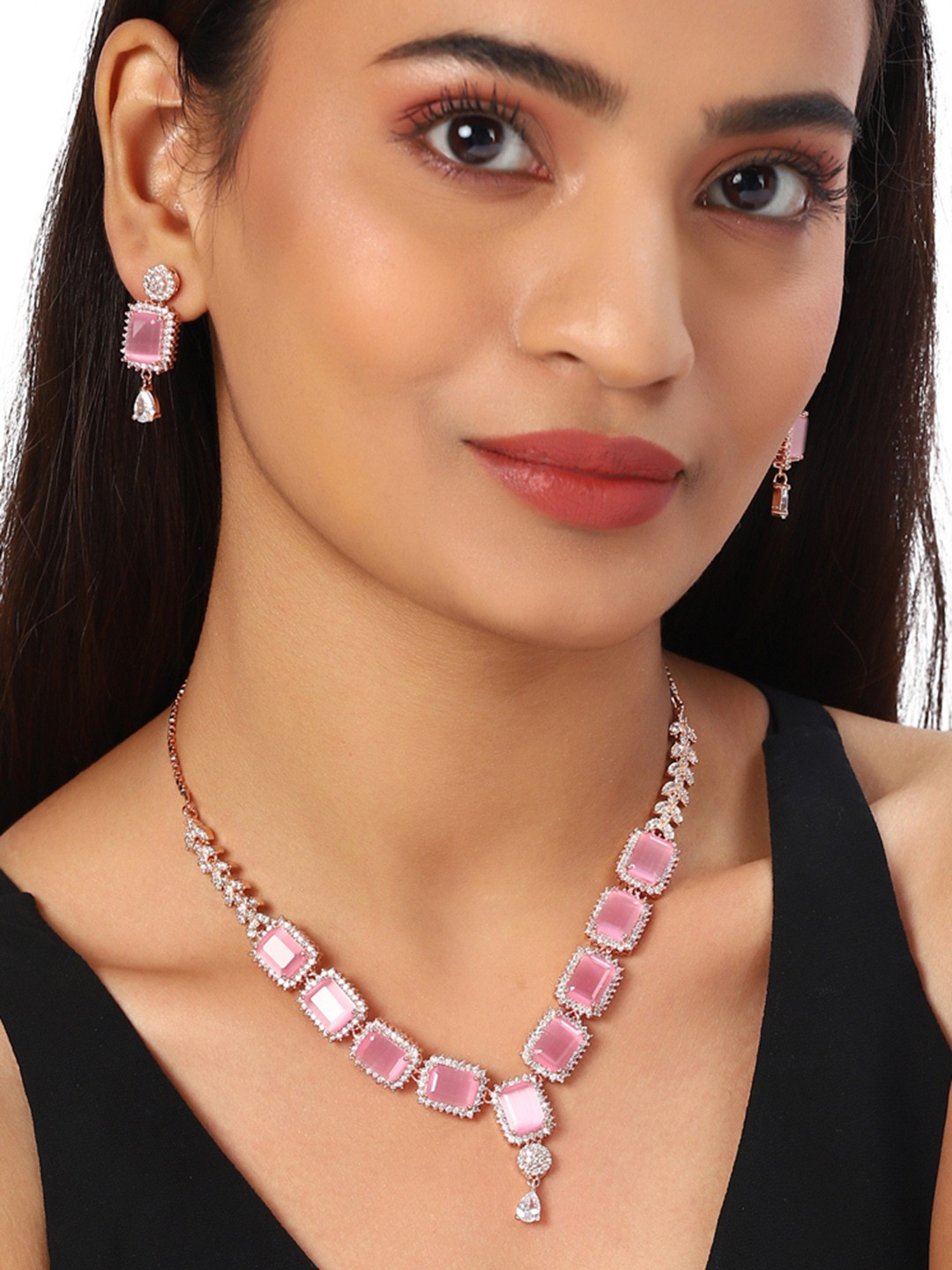 

Voylla American Diamond CZ Rose Gold Plated Necklace Set with Pink Stone